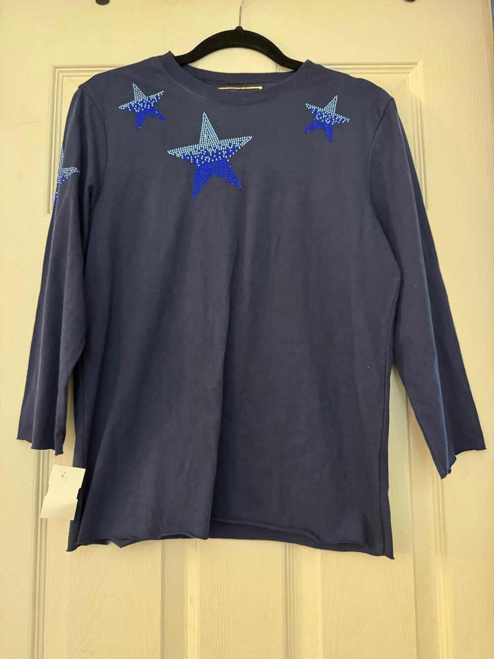 NWT SuZy T Designs Navy Blue Rhinestone Beaded Star 3/4 Sleeve Top, Size M